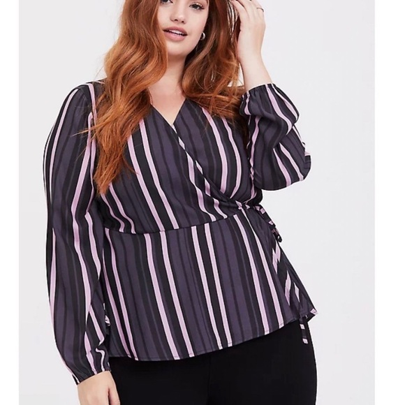 Torrid Purple Stripe Crepe Wrap Crop Blouse Top Long Sleeve Plus Size 2 2X - Picture 6 of 14